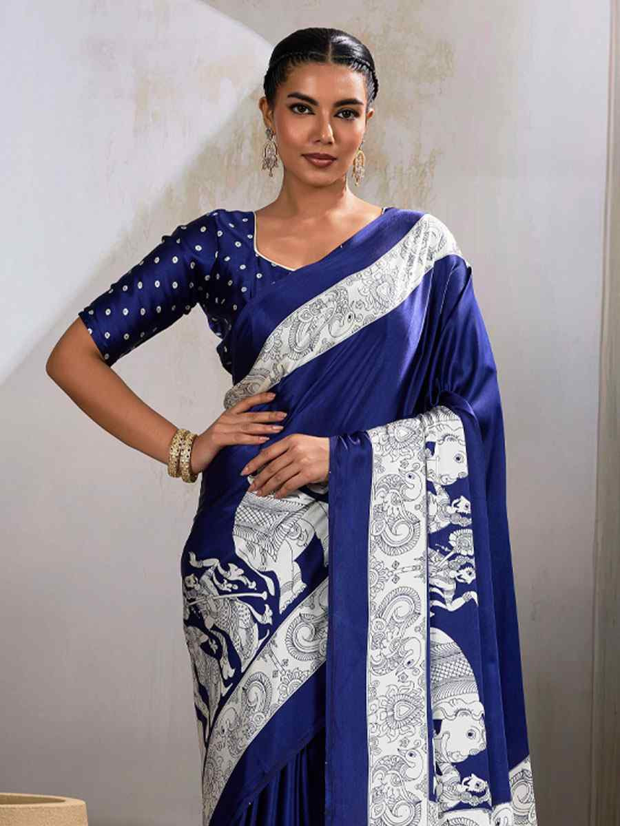Navy Blue Satin Silk Printed Traditional Casual Reception Festival Wedding Fancy Heavy Border Saree