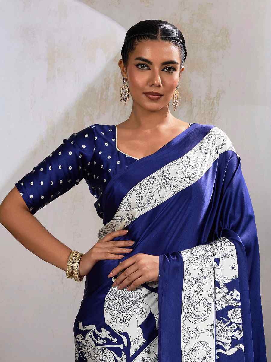 Navy Blue Satin Silk Printed Traditional Casual Reception Festival Wedding Fancy Heavy Border Saree