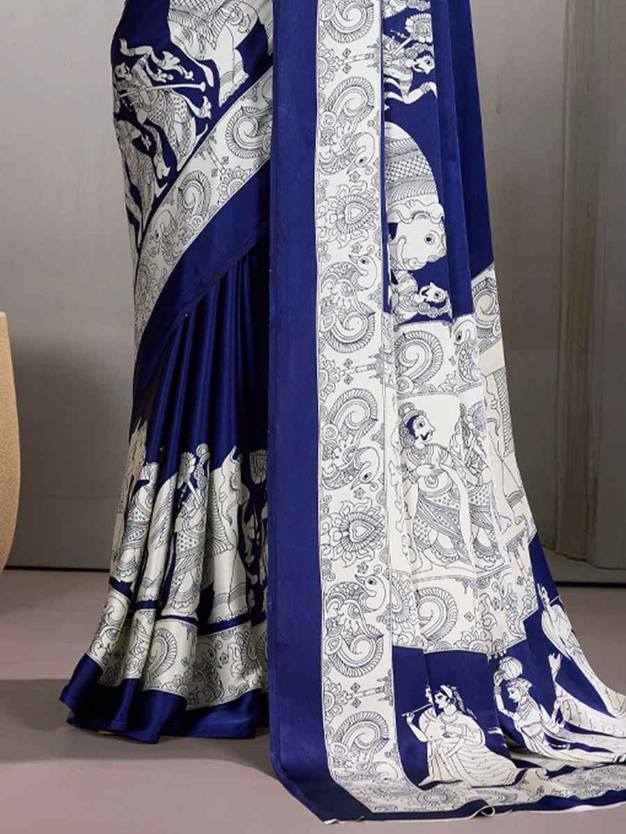 Navy Blue Satin Silk Printed Traditional Casual Reception Festival Wedding Fancy Heavy Border Saree