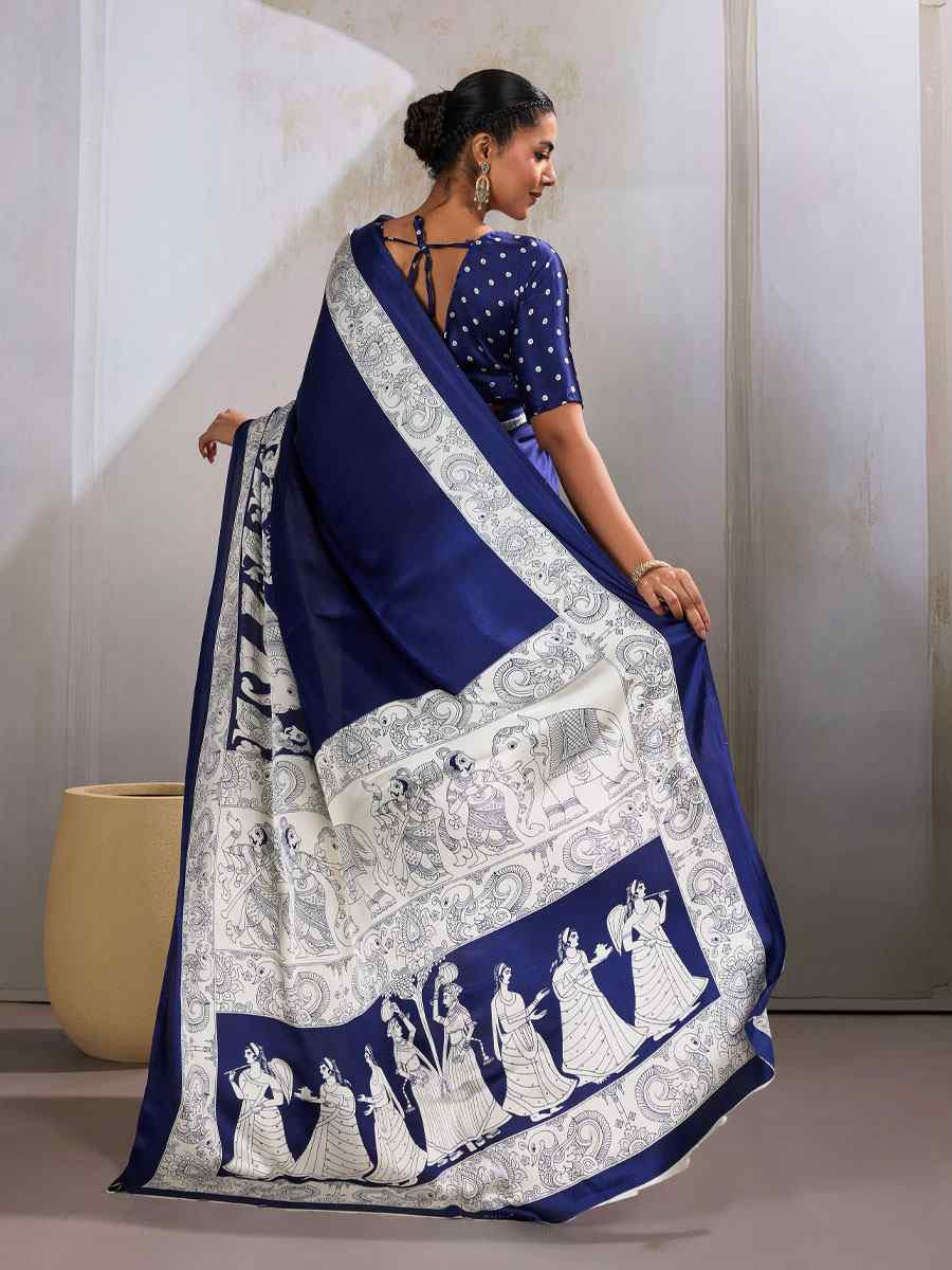 Navy Blue Satin Silk Printed Traditional Casual Reception Festival Wedding Fancy Heavy Border Saree