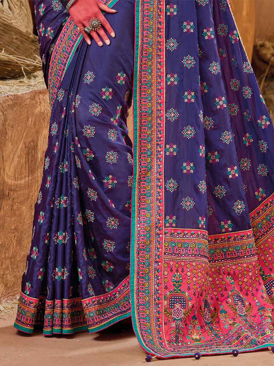Navy Blue Shana Silk Embroidered Wedding Festival Heavy Border Saree