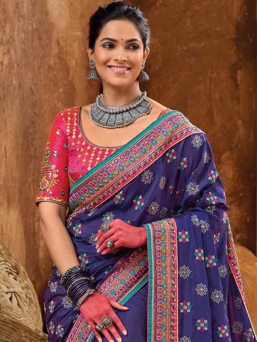 Navy Blue Shana Silk Embroidered Wedding Festival Heavy Border Saree