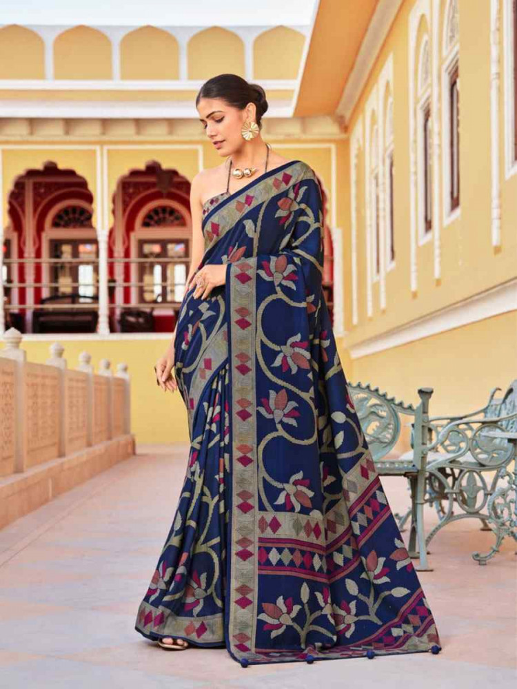 Image of Navy Blue Sigma Silk Zari Handwoven Casual Reception Festival Wedding Fancy Heavy Border Saree