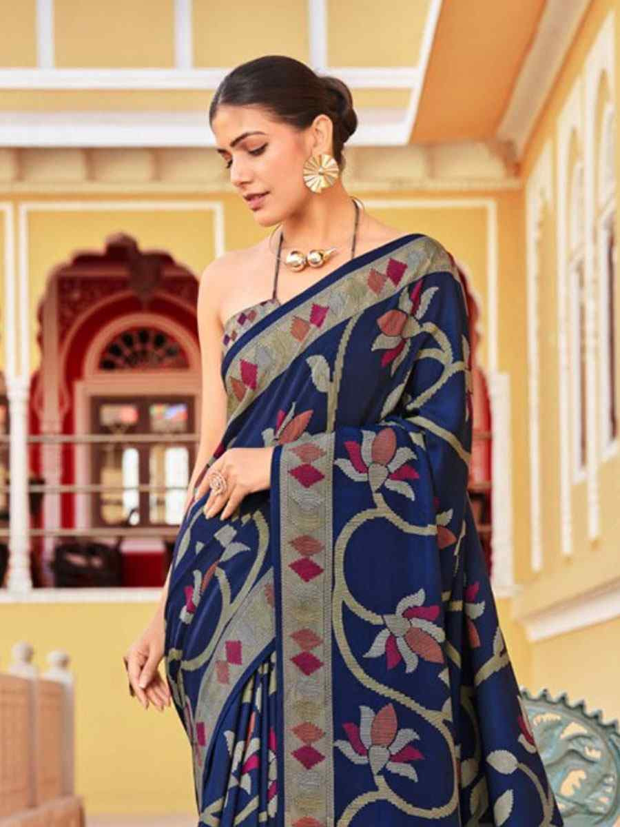 Navy Blue Sigma Silk Zari Handwoven Casual Reception Festival Wedding Fancy Heavy Border Saree