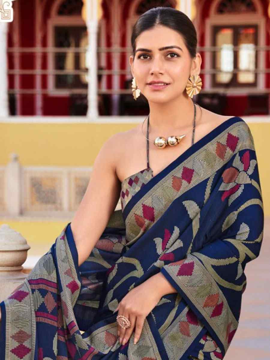 Navy Blue Sigma Silk Zari Handwoven Casual Reception Festival Wedding Fancy Heavy Border Saree