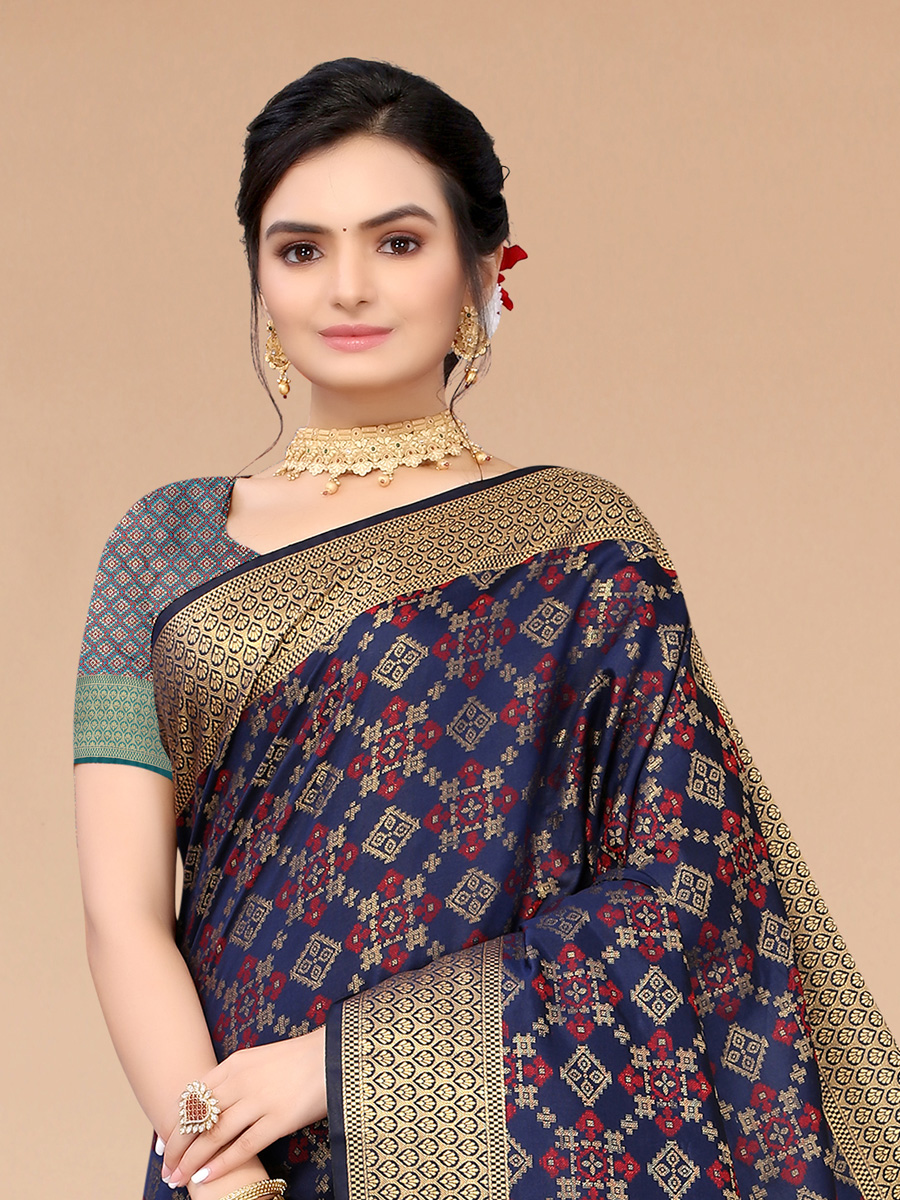 Navy Blue Silk Blend Handwoven Party Saree