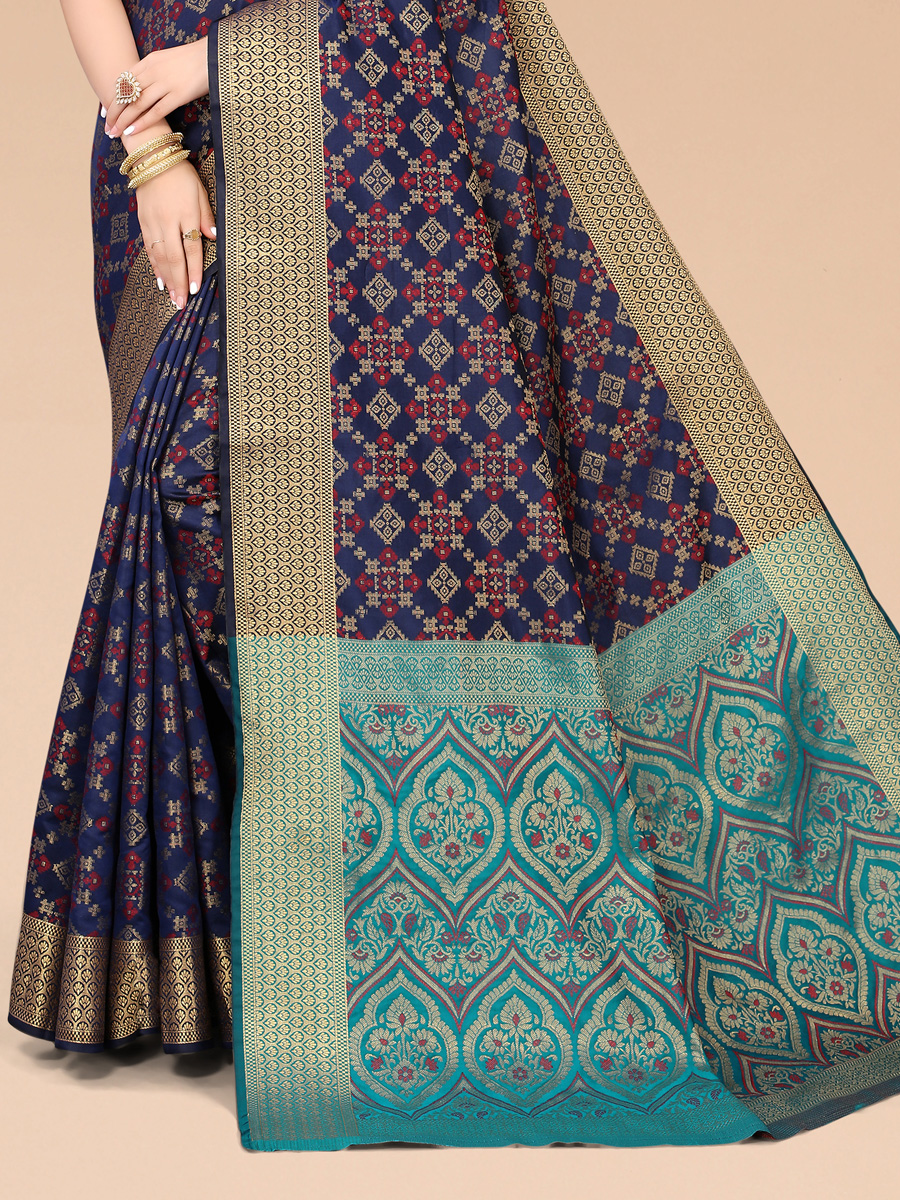 Navy Blue Silk Blend Handwoven Party Saree