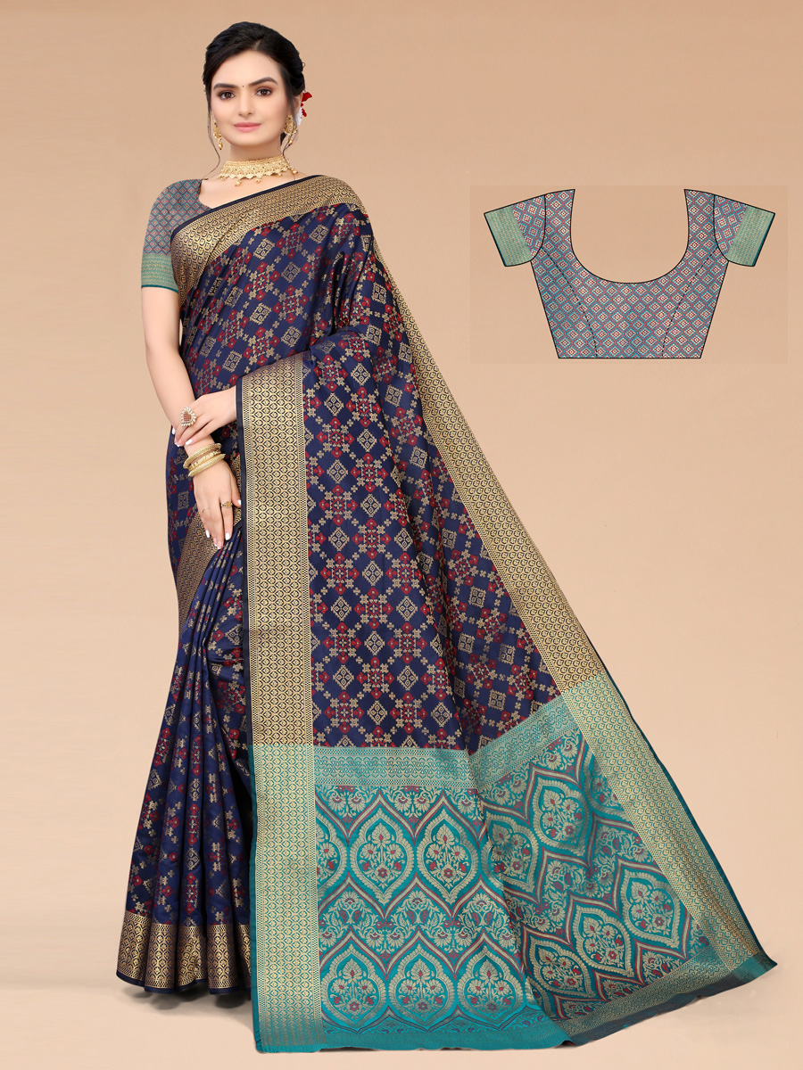 Navy Blue Silk Blend Handwoven Party Saree