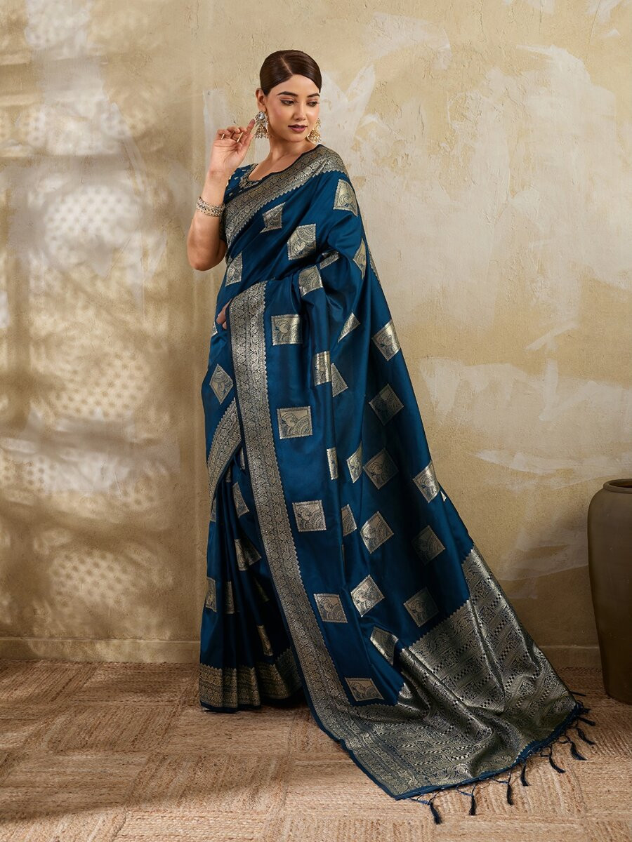 Navy Blue Silk Blend Zari Wedding Reception Party Festival Casual Heavy Border Sarees