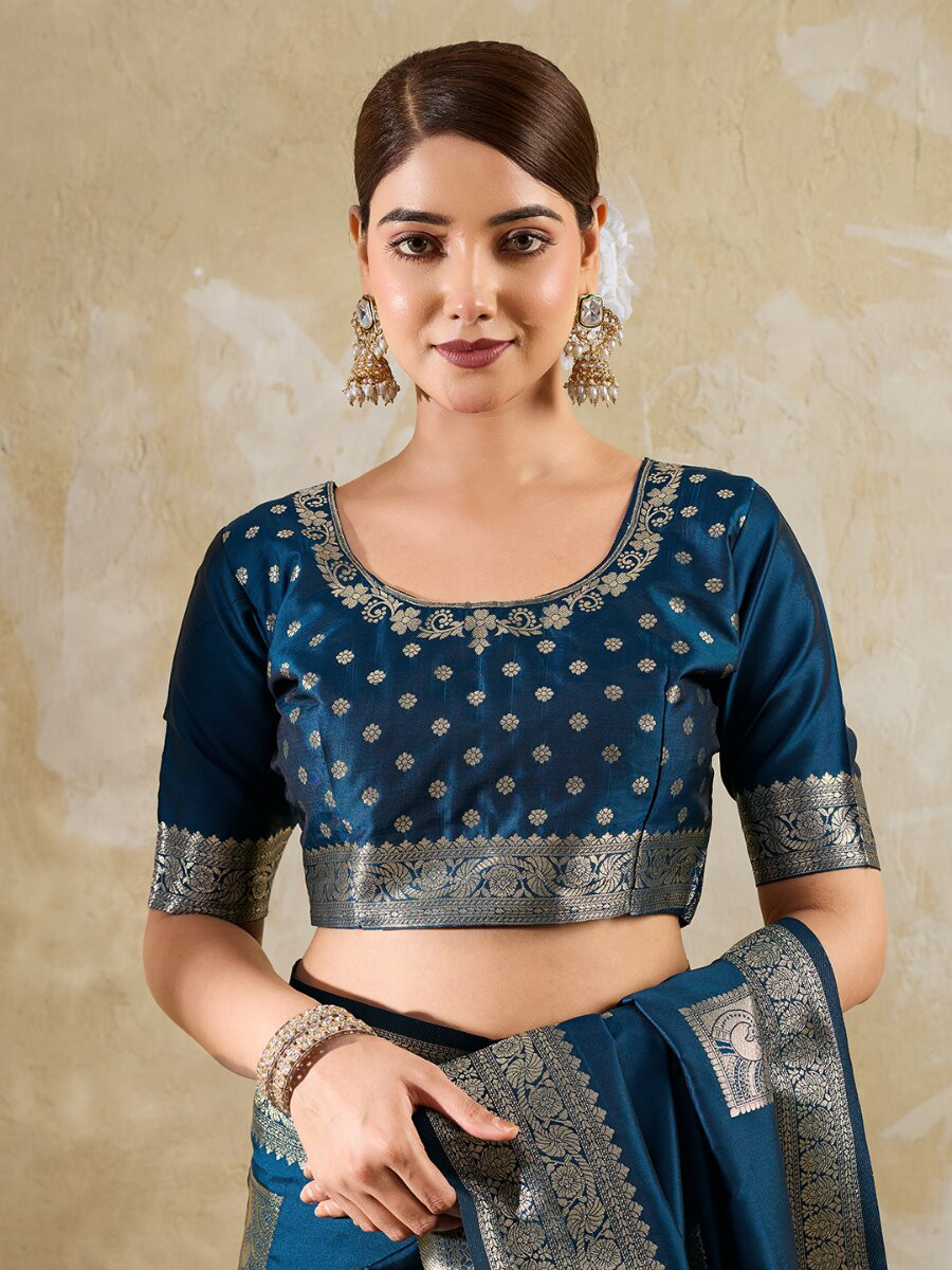 Navy Blue Silk Blend Zari Wedding Reception Party Festival Casual Heavy Border Sarees