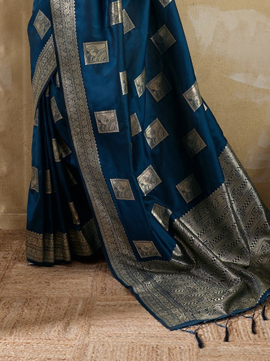 Navy Blue Silk Blend Zari Wedding Reception Party Festival Casual Heavy Border Sarees