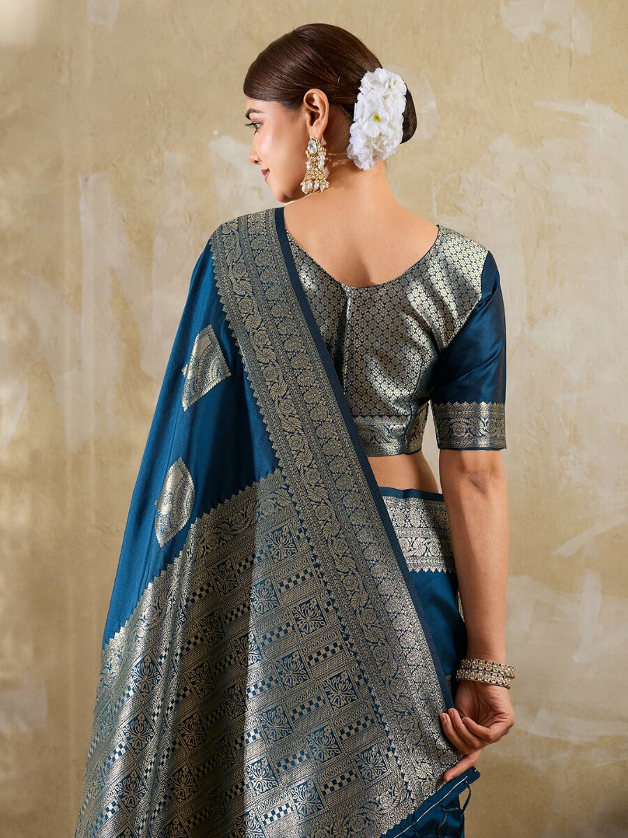 Navy Blue Silk Blend Zari Wedding Reception Party Festival Casual Heavy Border Sarees