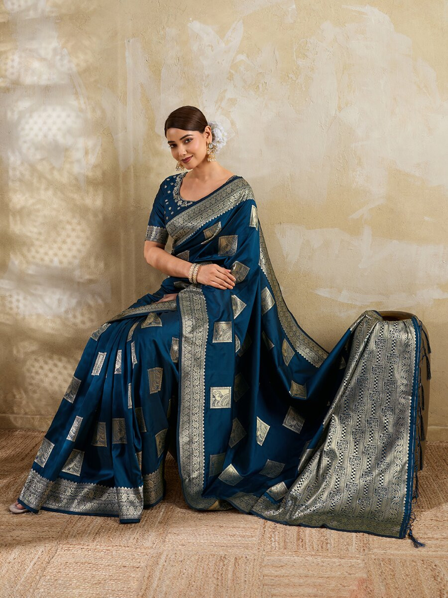 Navy Blue Silk Blend Zari Wedding Reception Party Festival Casual Heavy Border Sarees