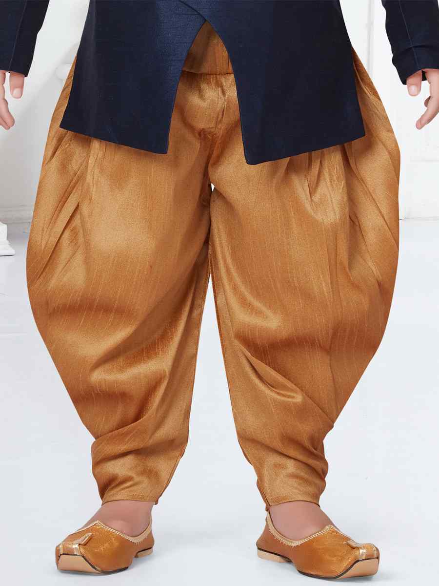 Navy Blue Silk Dupion Floral Party Festival Kurta Dhoti Boys Wear