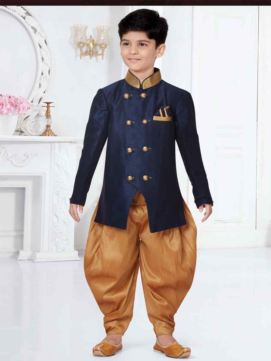 Navy Blue Silk Dupion Floral Party Festival Kurta Dhoti Boys Wear