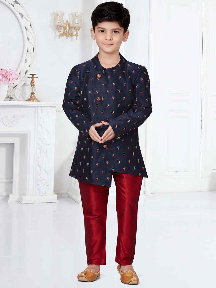 Navy Blue Silk Dupion Floral Party Festival Kurta Pyjama Boys Wear