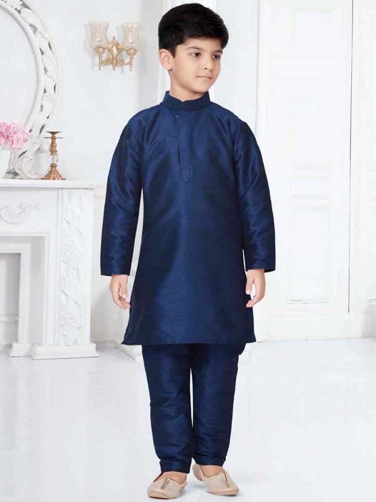 Navy Blue Silk Dupion Floral Party Festival Kurta Pyjama Boys Wear