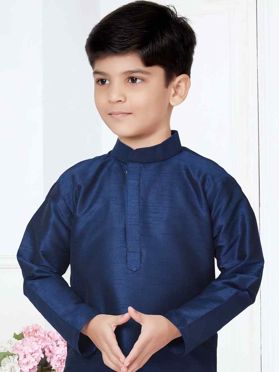 Navy Blue Silk Dupion Floral Party Festival Kurta Pyjama Boys Wear