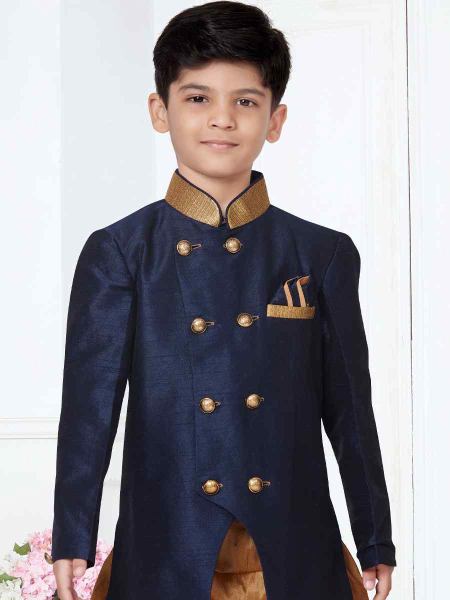 Navy Blue Silk Dupion Floral Party Festival Kurta Pyjama Boys Wear