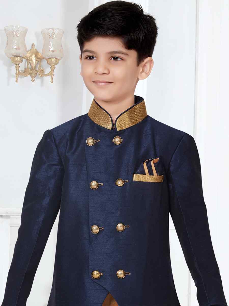 Navy Blue Silk Dupion Floral Party Festival Kurta Pyjama Boys Wear