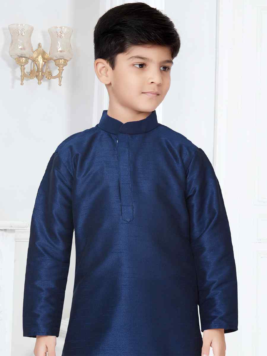 Navy Blue Silk Dupion Floral Party Festival Kurta Pyjama Boys Wear