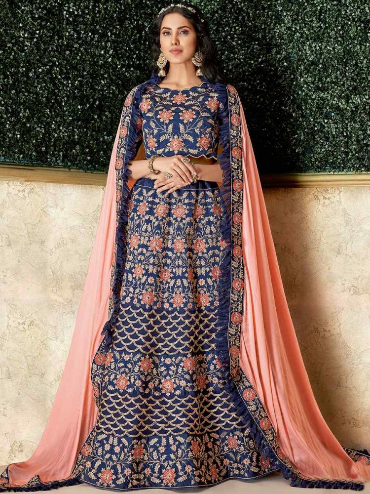 Navy Blue Silk Embroidered Reception Party Wear Heavy Border Lehenga Choli