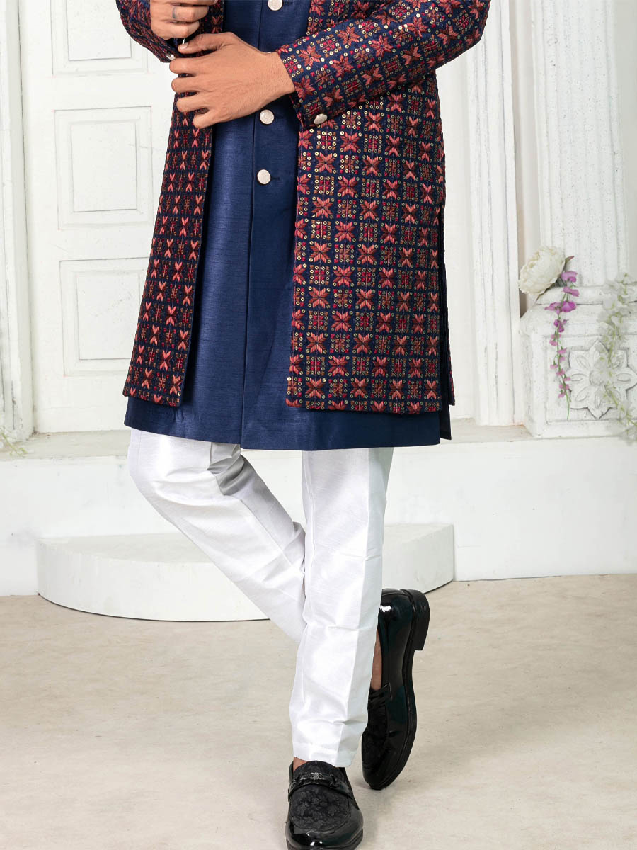 Navy Blue Silk Embroidered Wedding Groom Sherwani