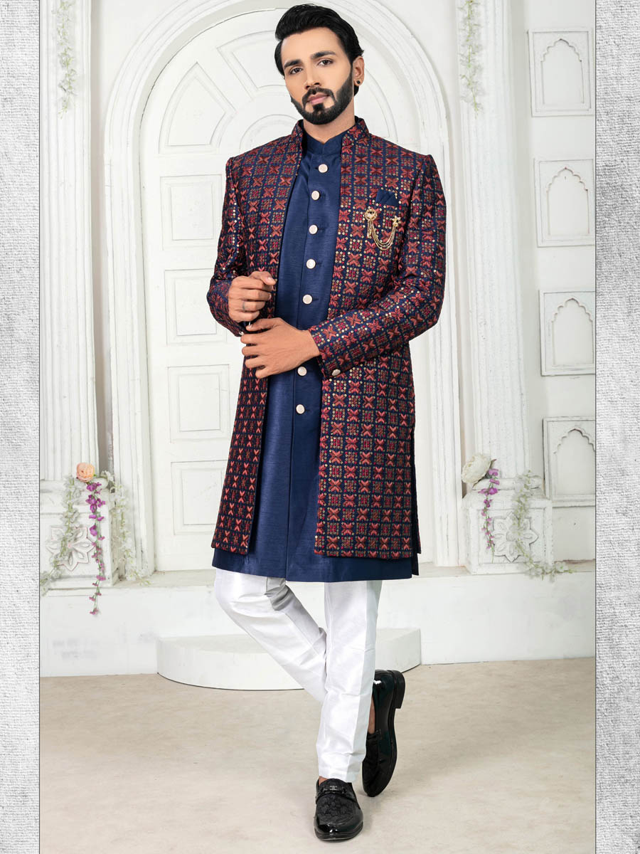 Navy Blue Silk Embroidered Wedding Groom Sherwani
