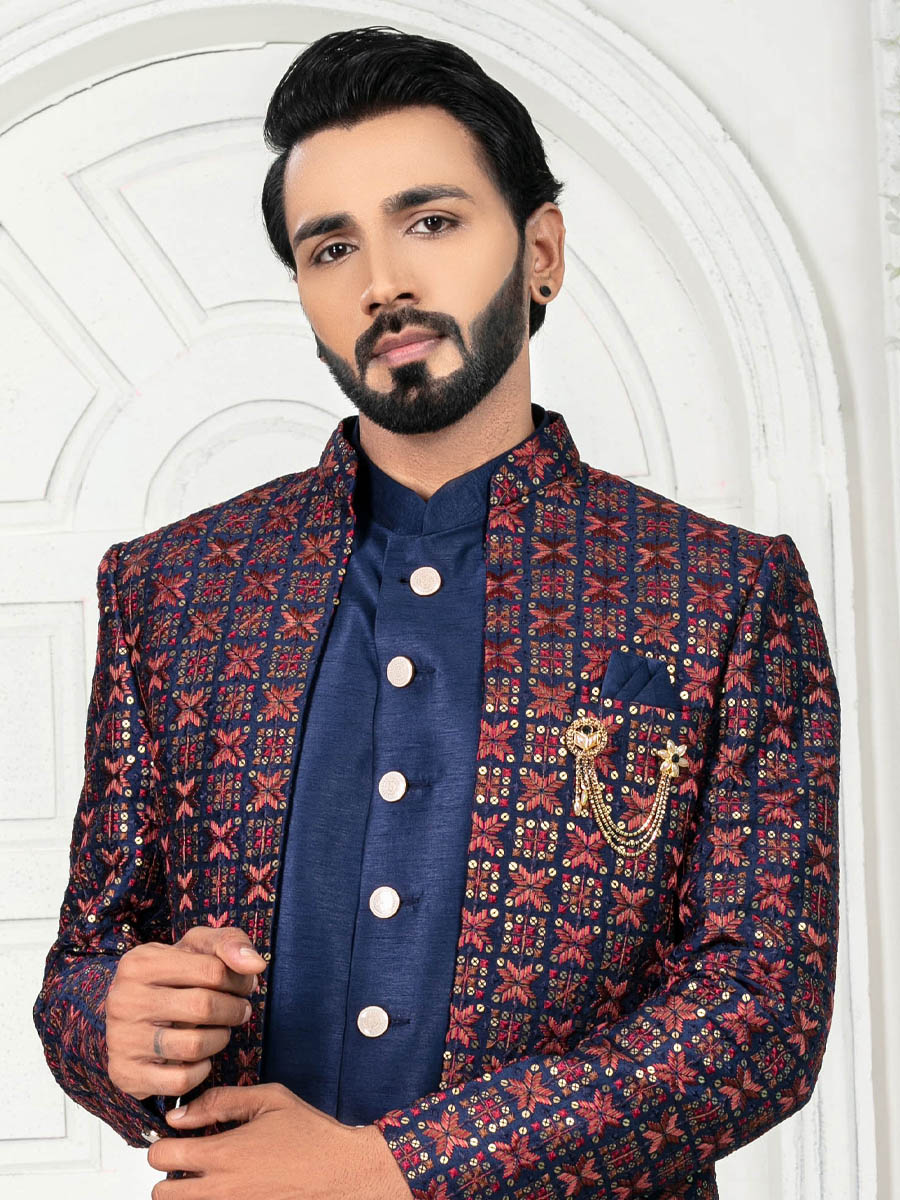 Navy Blue Silk Embroidered Wedding Groom Sherwani