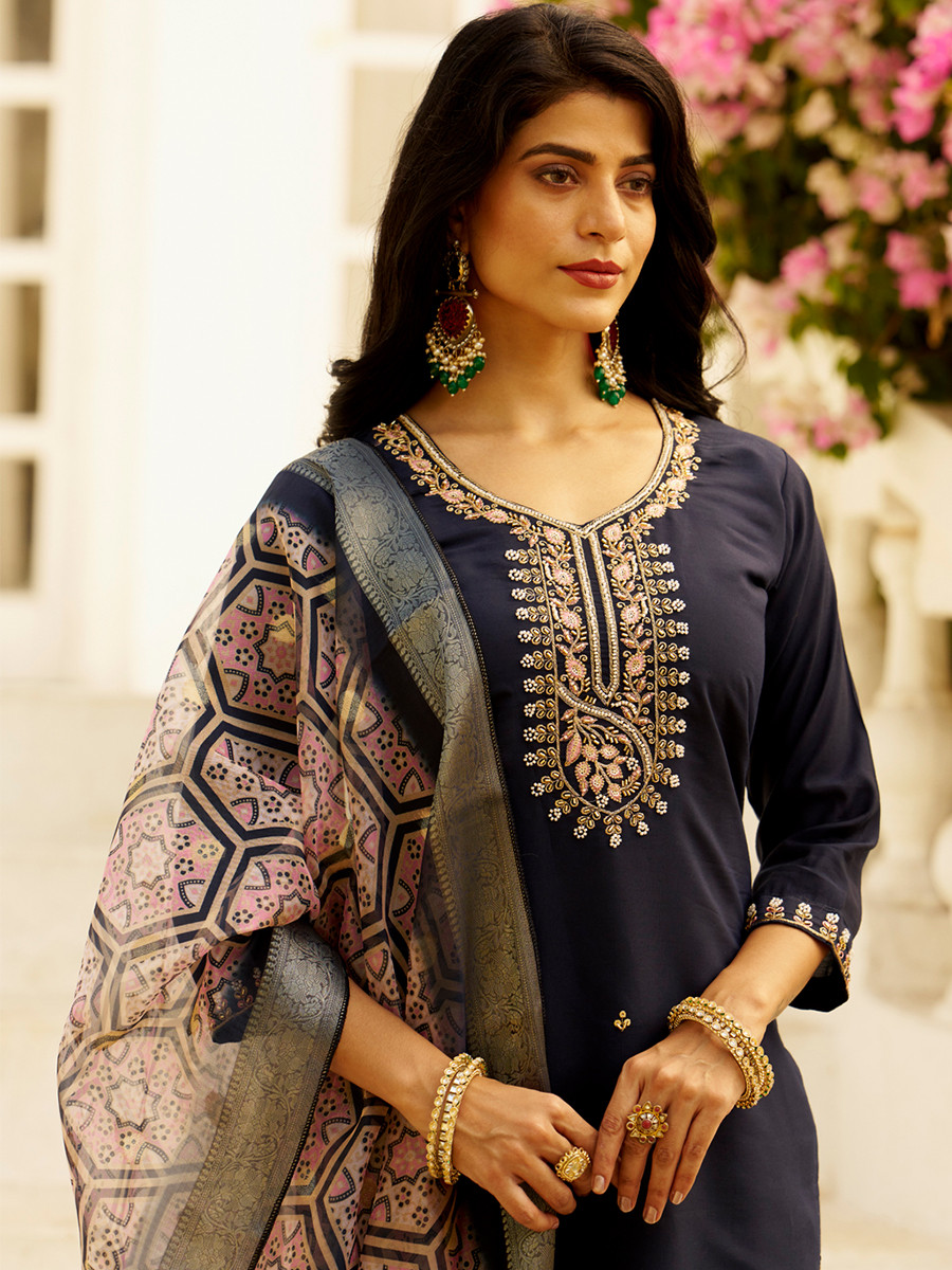 Navy Blue Silk Embroidery Stone Printed Dupatta Party Wedding Festival Casual Ready Pant Salwar Kameez