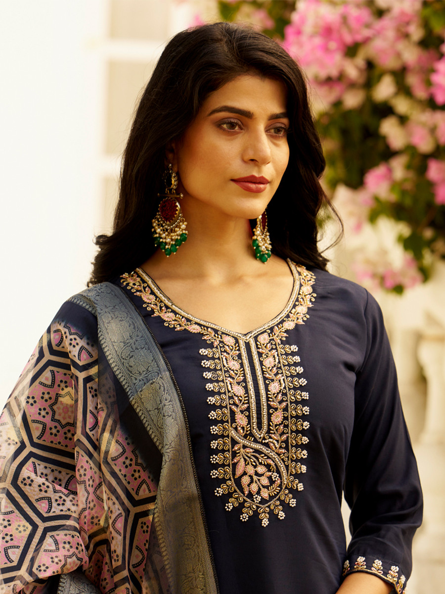 Navy Blue Silk Embroidery Stone Printed Dupatta Party Wedding Festival Casual Ready Pant Salwar Kameez