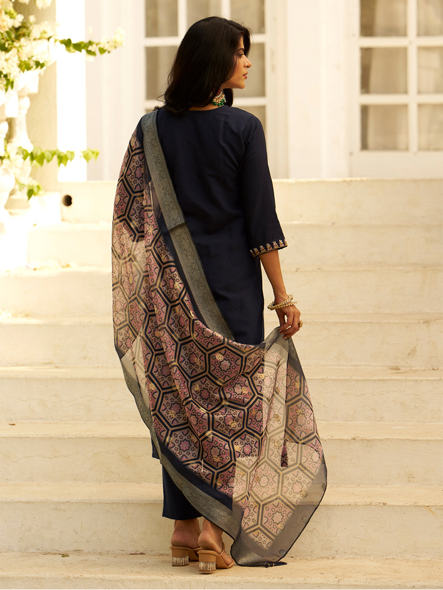 Navy Blue Silk Embroidery Stone Printed Dupatta Party Wedding Festival Casual Ready Pant Salwar Kameez