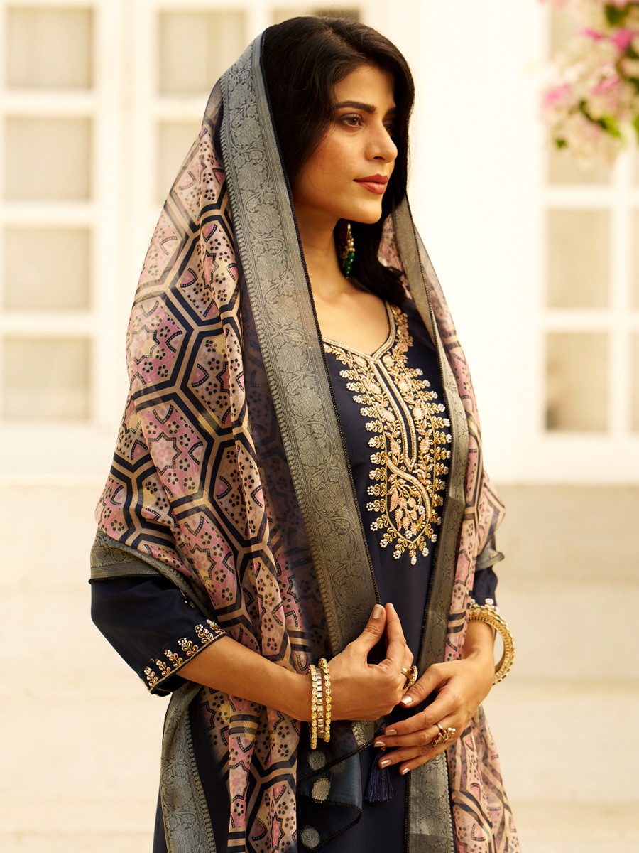 Navy Blue Silk Embroidery Stone Printed Dupatta Party Wedding Festival Casual Ready Pant Salwar Kameez