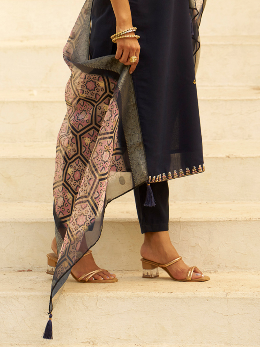 Navy Blue Silk Embroidery Stone Printed Dupatta Party Wedding Festival Casual Ready Pant Salwar Kameez