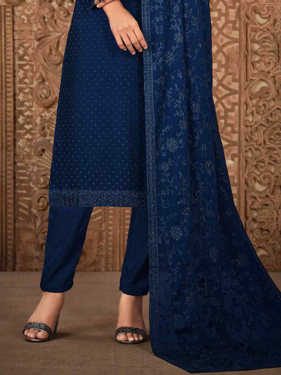 Navy Blue Silk Georgette Embroidered Festival Wedding Pant Salwar Kameez