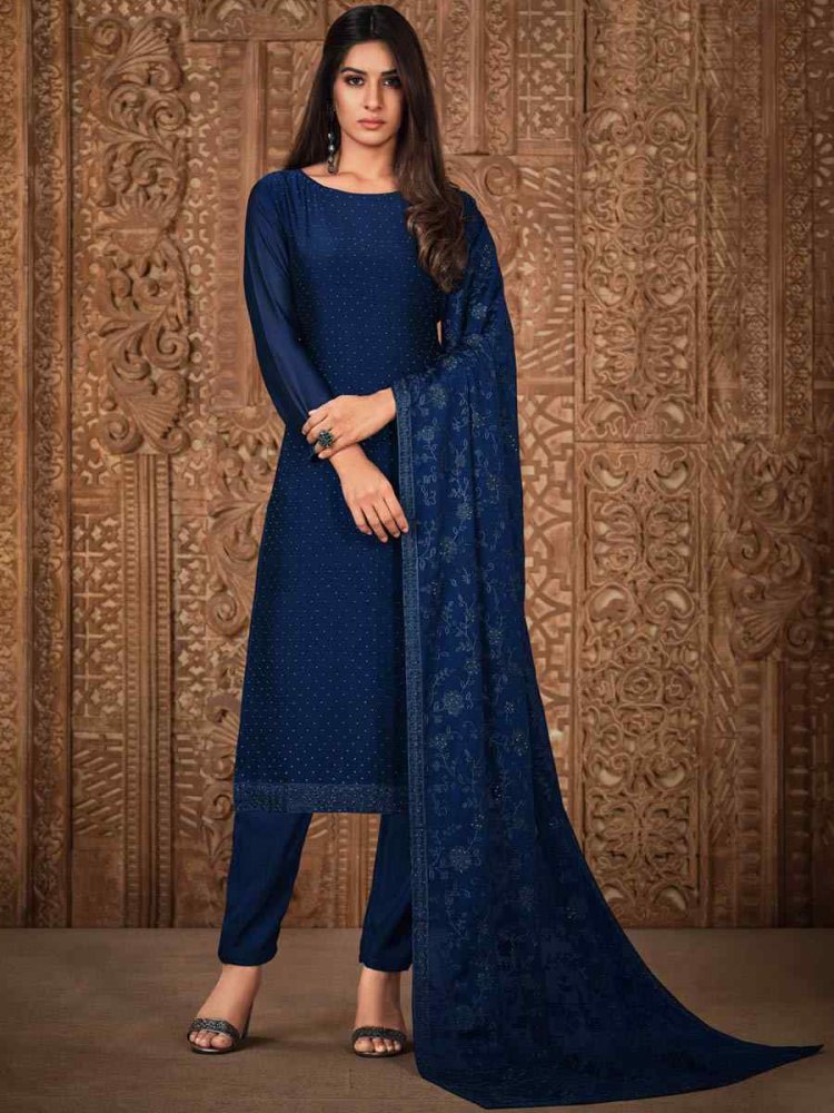 Navy Blue Silk Georgette Embroidered Festival Wedding Pant Salwar Kameez