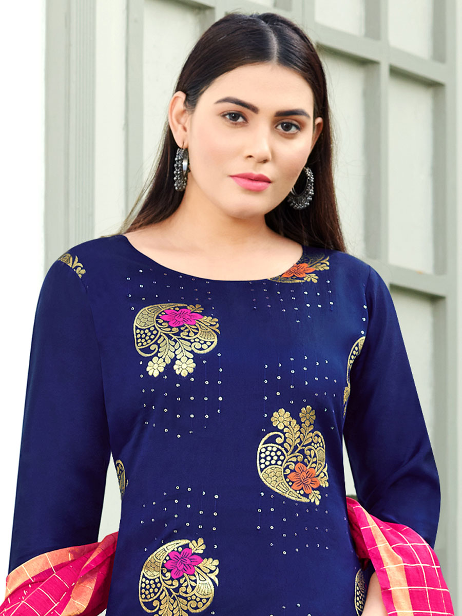 Navy Blue Silk Handwoven Festival Pant Kameez