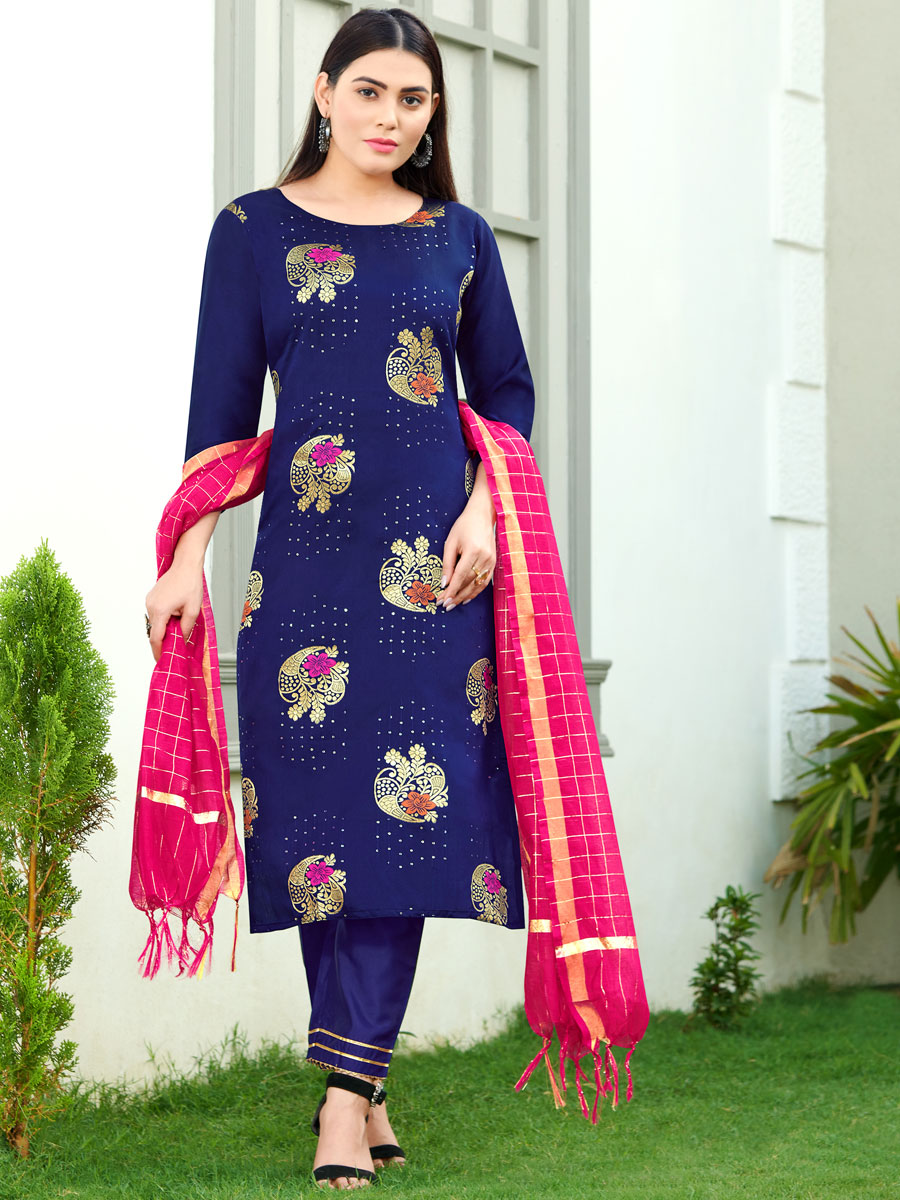 Navy Blue Silk Handwoven Festival Pant Kameez