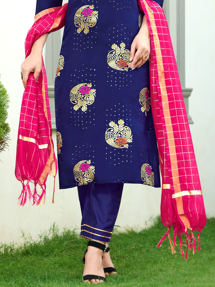 Navy Blue Silk Handwoven Festival Pant Kameez