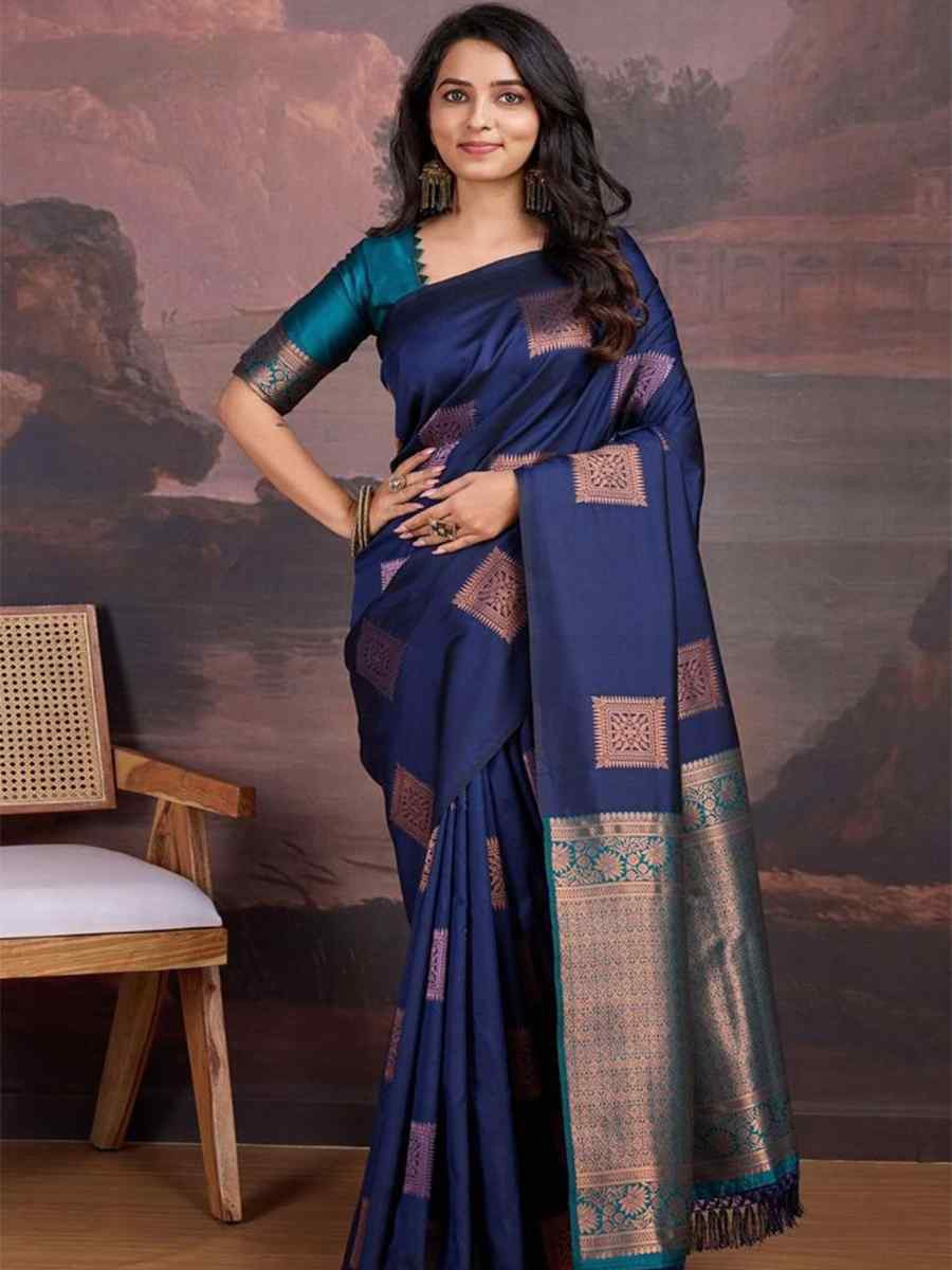 Navy Blue Silk Handwoven Festival Wedding Fancy Heavy Border Saree