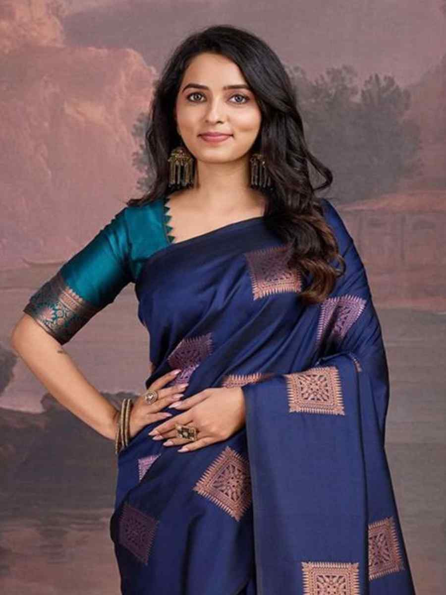 Navy Blue Silk Handwoven Festival Wedding Fancy Heavy Border Saree