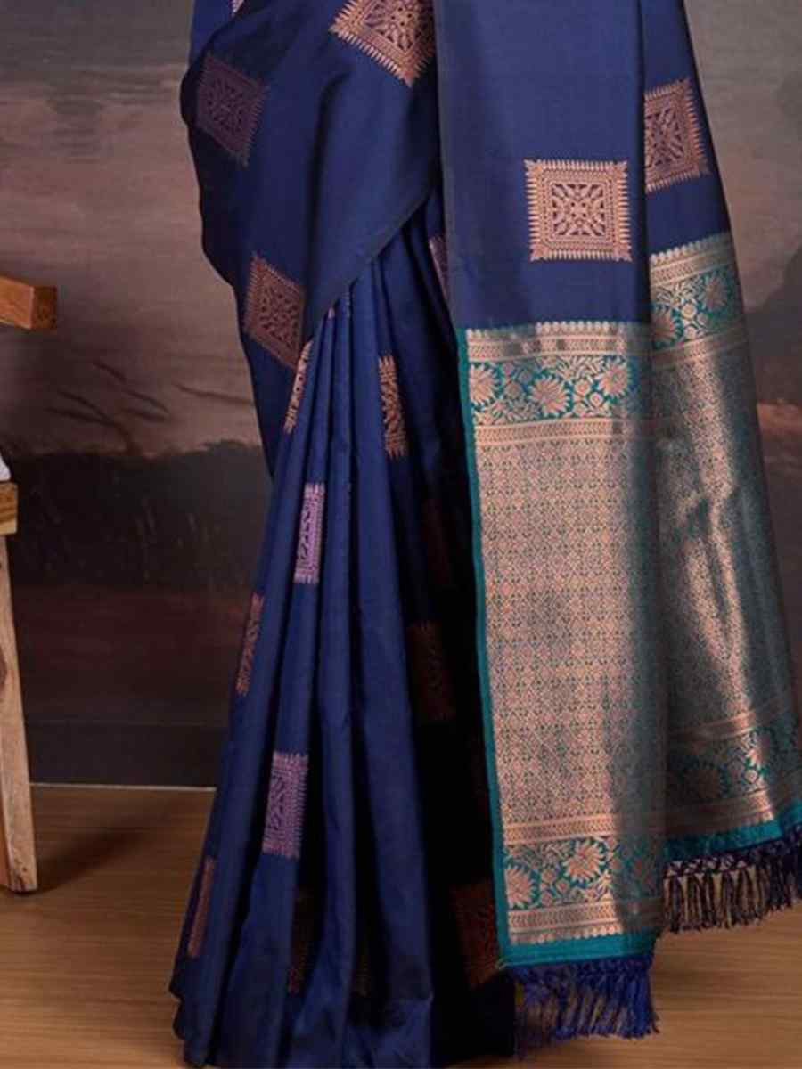 Navy Blue Silk Handwoven Festival Wedding Fancy Heavy Border Saree