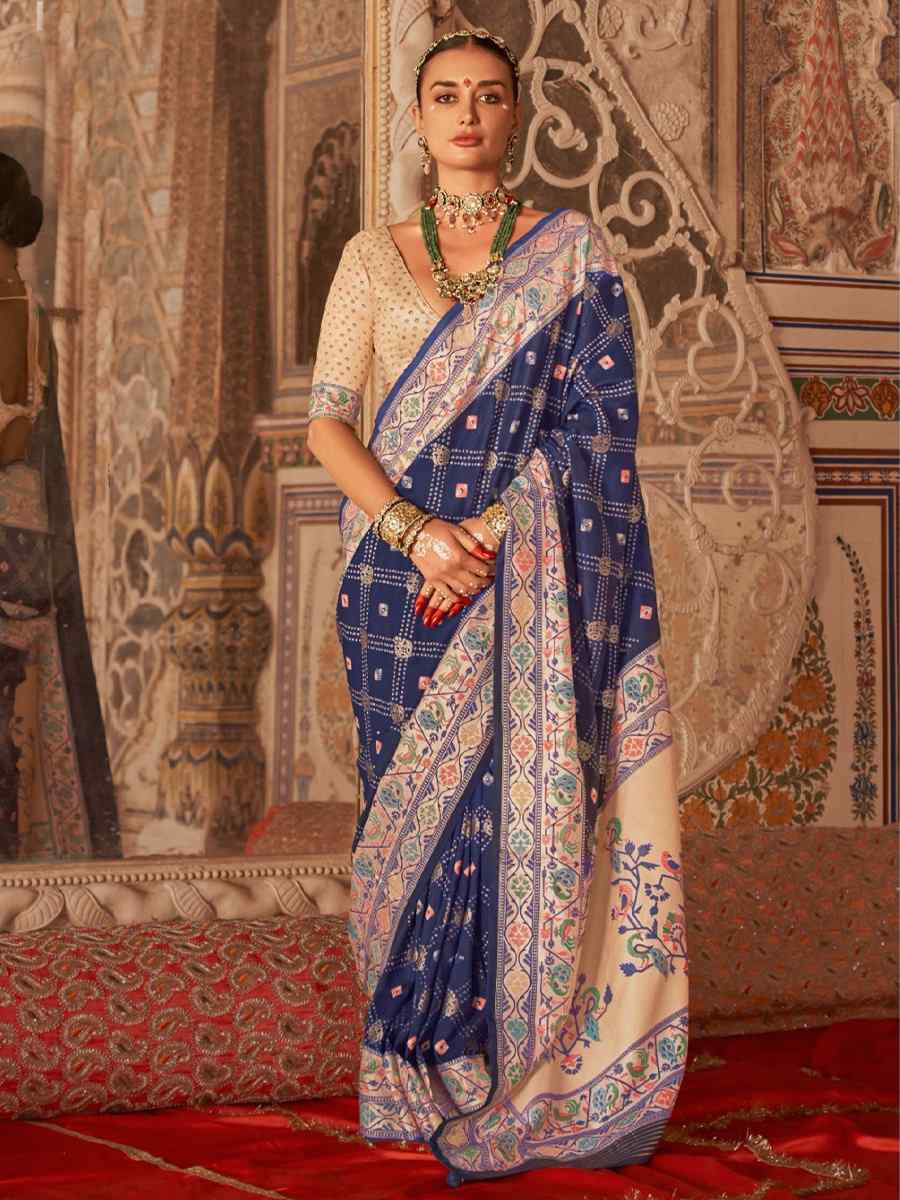 Navy Blue Silk Handwoven Festival Wedding Fancy Heavy Border Saree
