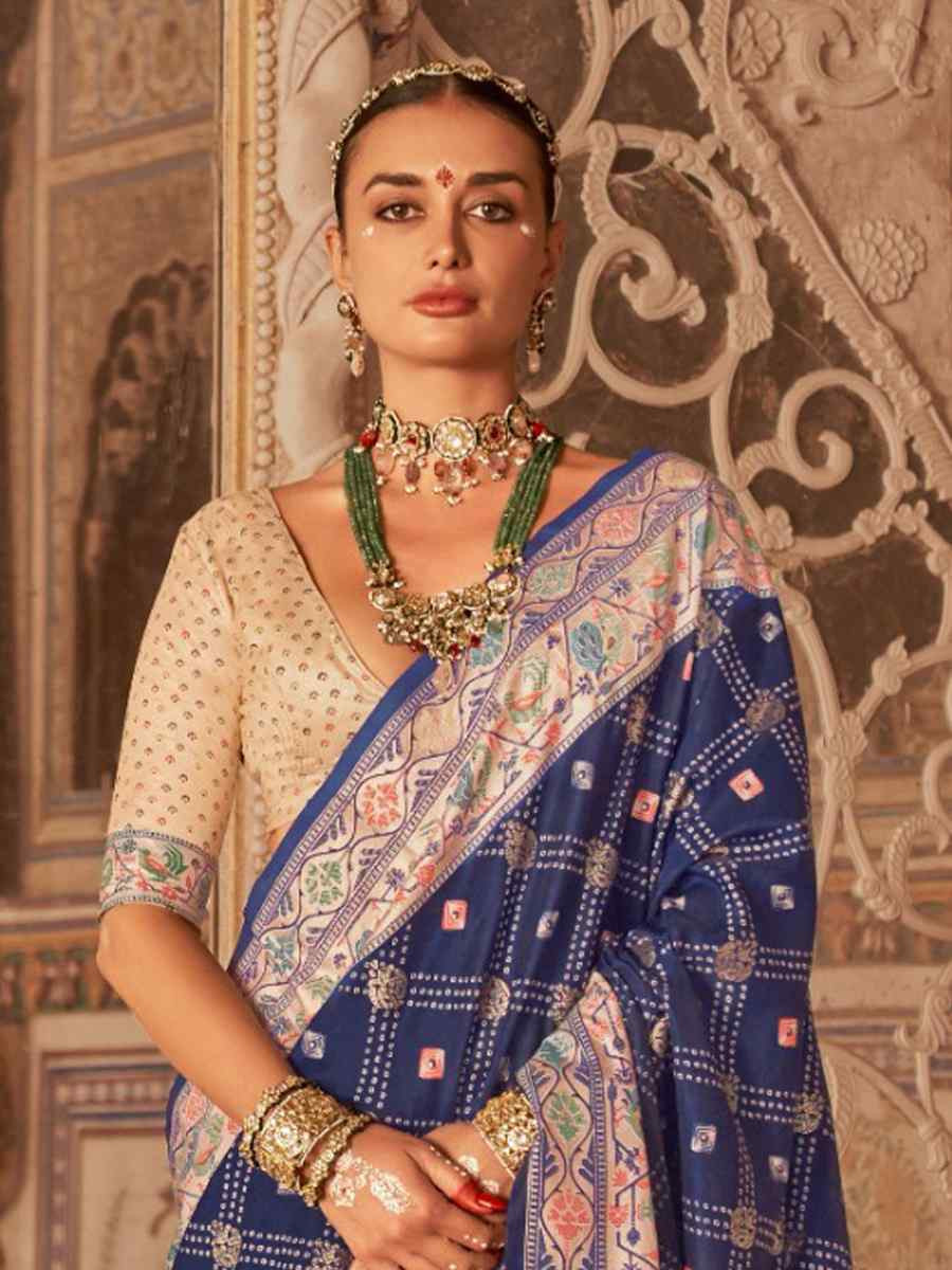 Navy Blue Silk Handwoven Festival Wedding Fancy Heavy Border Saree