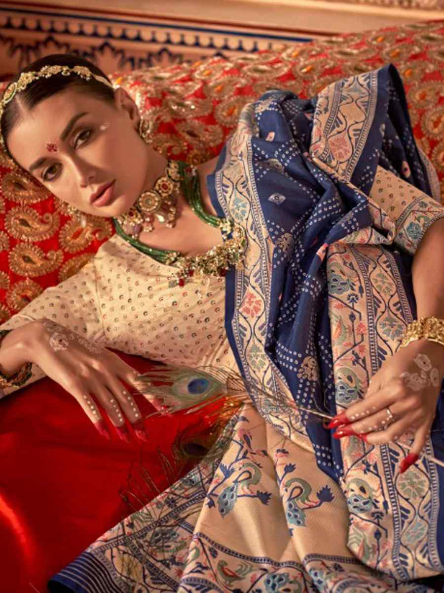 Navy Blue Silk Handwoven Festival Wedding Fancy Heavy Border Saree