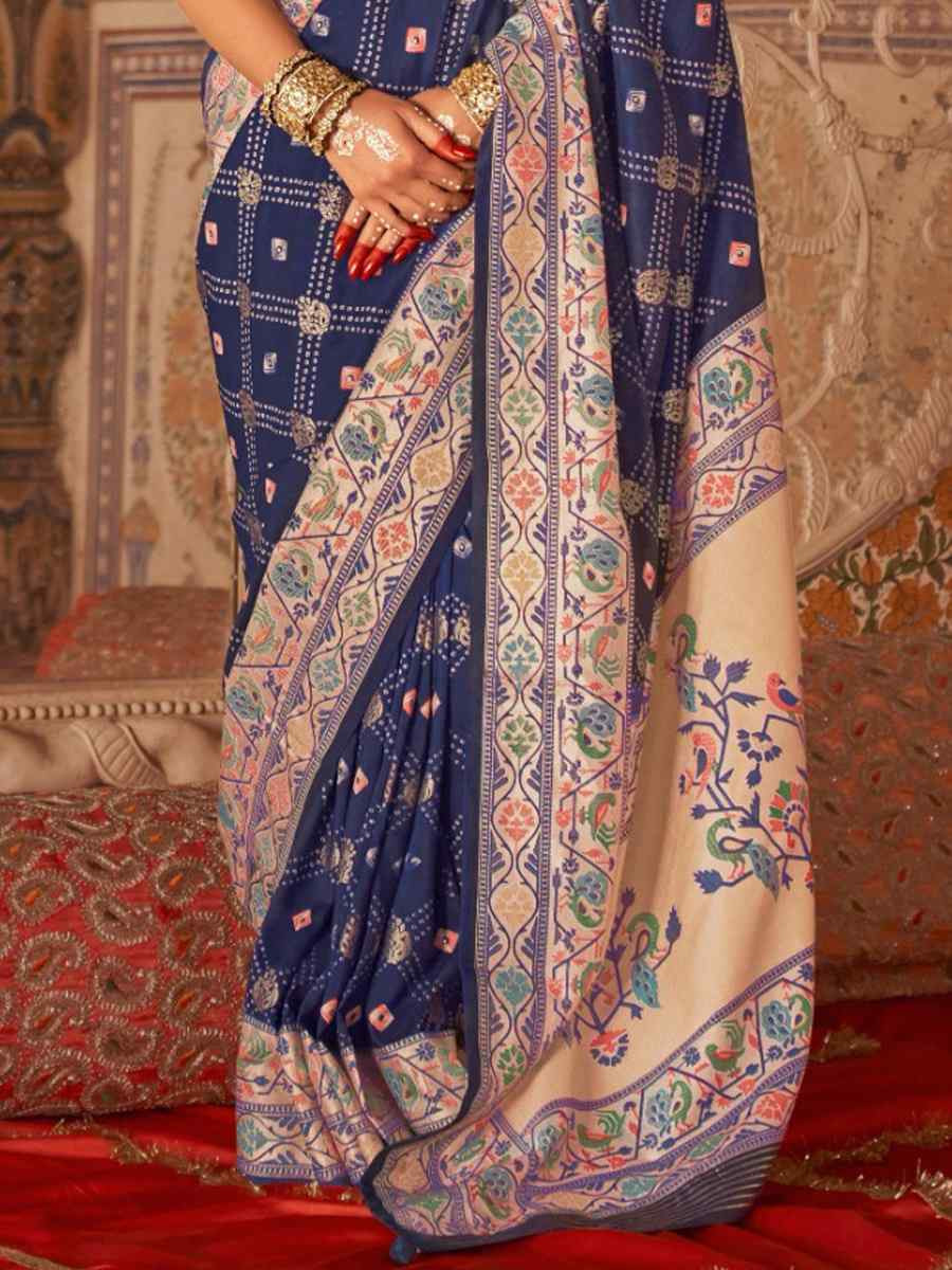 Navy Blue Silk Handwoven Festival Wedding Fancy Heavy Border Saree