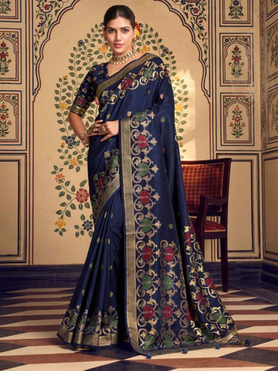 Navy Blue Silk Handwoven Festival Wedding Fancy Heavy Border Saree