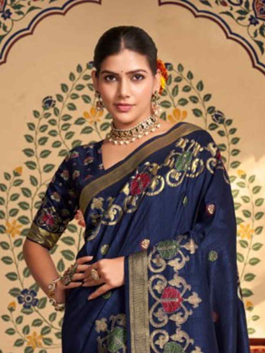 Navy Blue Silk Handwoven Festival Wedding Fancy Heavy Border Saree