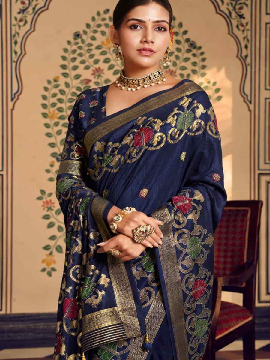 Navy Blue Silk Handwoven Festival Wedding Fancy Heavy Border Saree