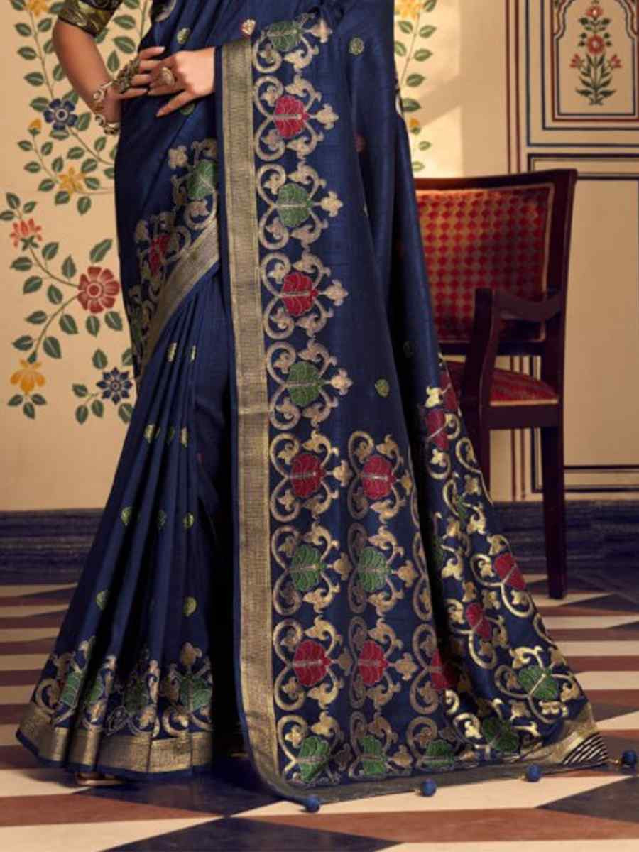 Navy Blue Silk Handwoven Festival Wedding Fancy Heavy Border Saree